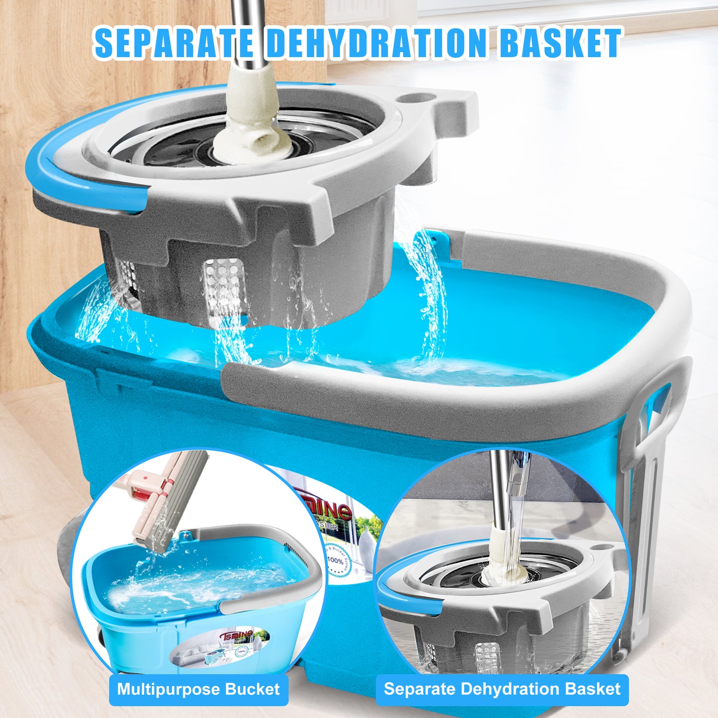 FunClean Spin Mop Bucket System | 61 inch Extended Handle  |  6 Replacement Refills