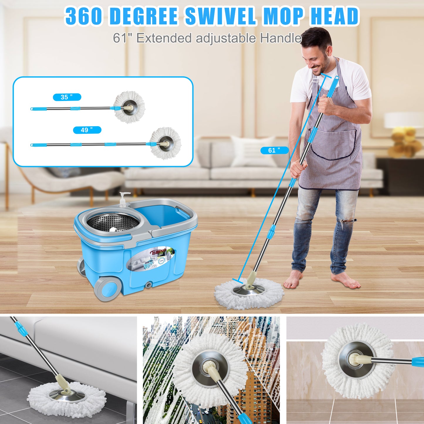 FunClean Spin Mop Bucket System | 61 inch Extended Handle  |  6 Replacement Refills