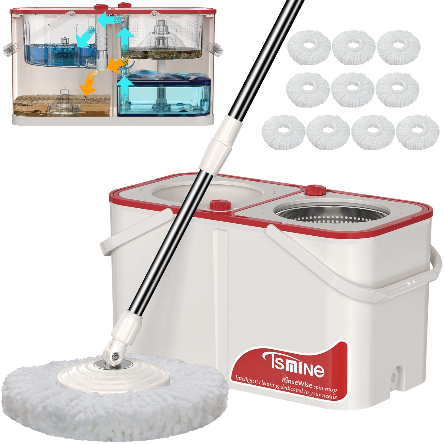 RinseWise Spin Mop Bukcet System | 4-Chamber & Wheels | Separate Clean and Dirty Water | Refills washable