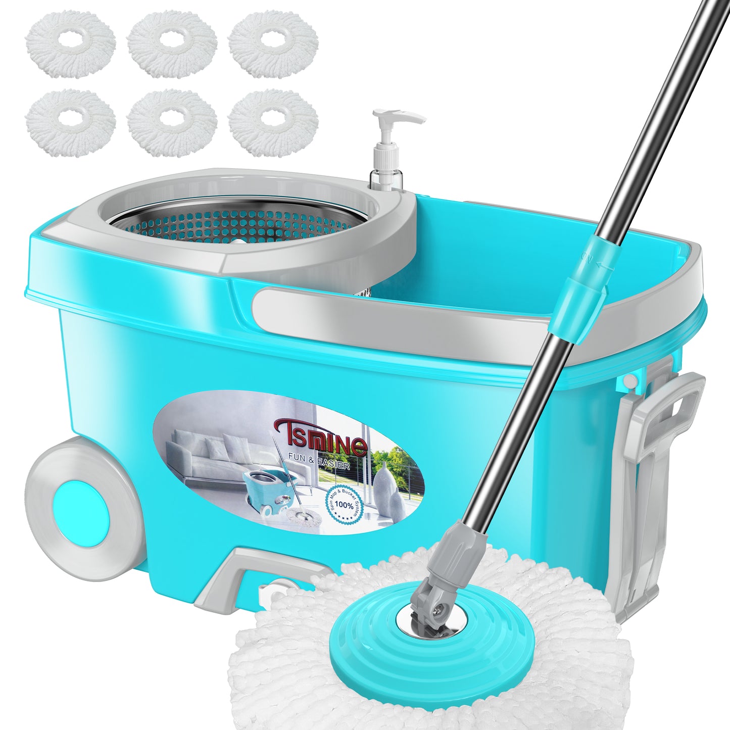 FunClean Spin Mop and Bucket System | 6 Replacement Mop Heads | 61" Extended Handle