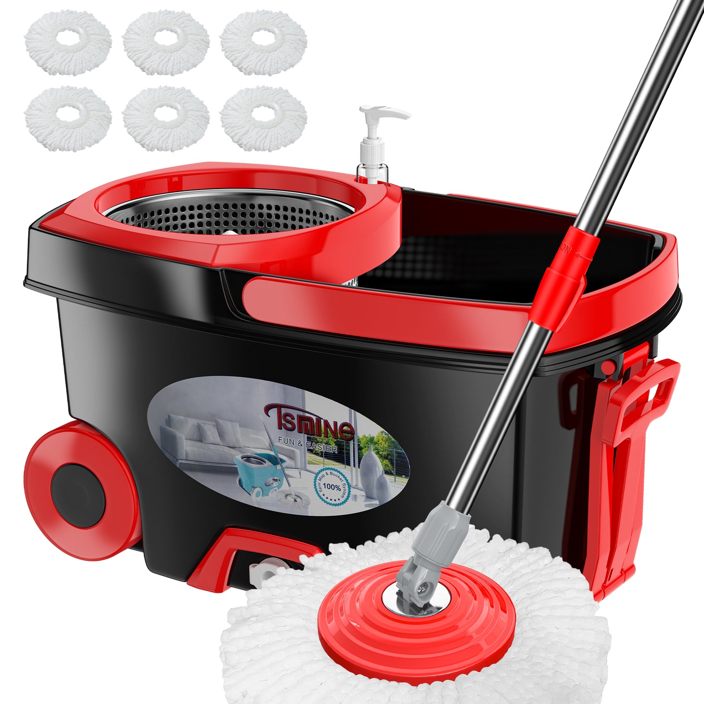 FunClean Spin Mop and Bucket System | 6 Replacement Mop Heads | 61" Extended Handle