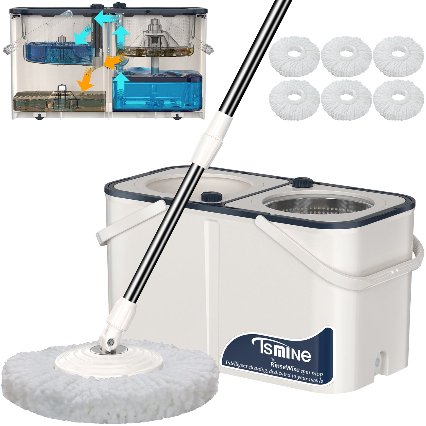 RinseWise Spin Mop Bukcet System | 4-Chamber & Wheels | Separate Clean and Dirty Water | Refills washable