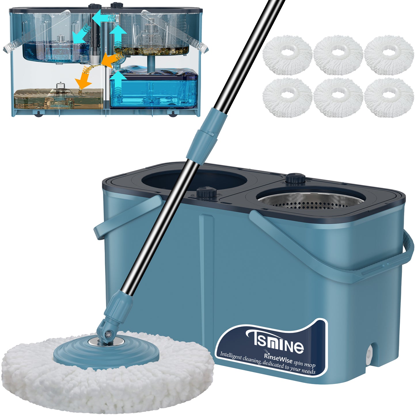 RinseWise Spin Mop Bukcet System | 4-Chamber & Wheels | Separate Clean and Dirty Water | Refills washable