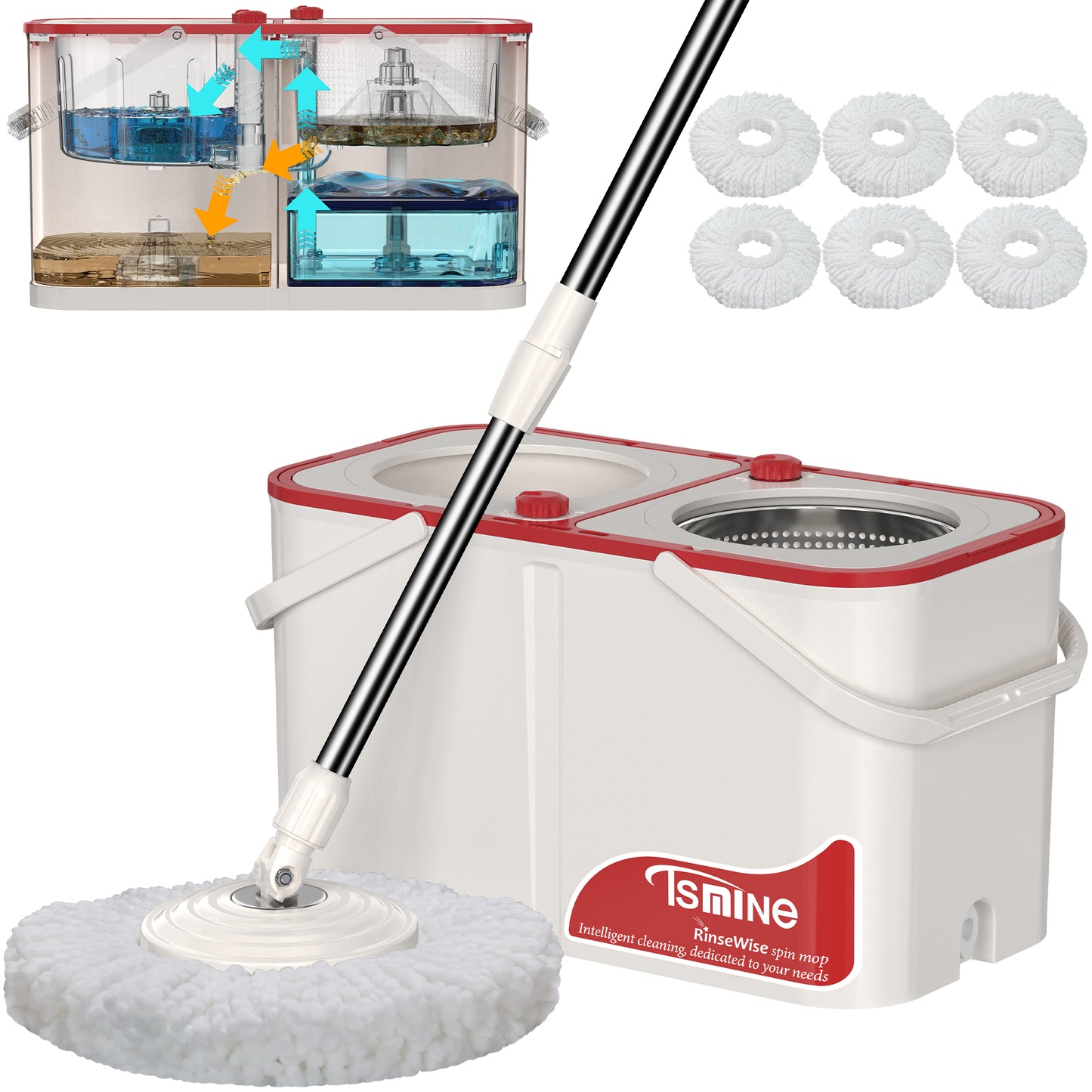 RinseWise Spin Mop Bukcet System | 4-Chamber & Wheels | Separate Clean and Dirty Water | Refills washable