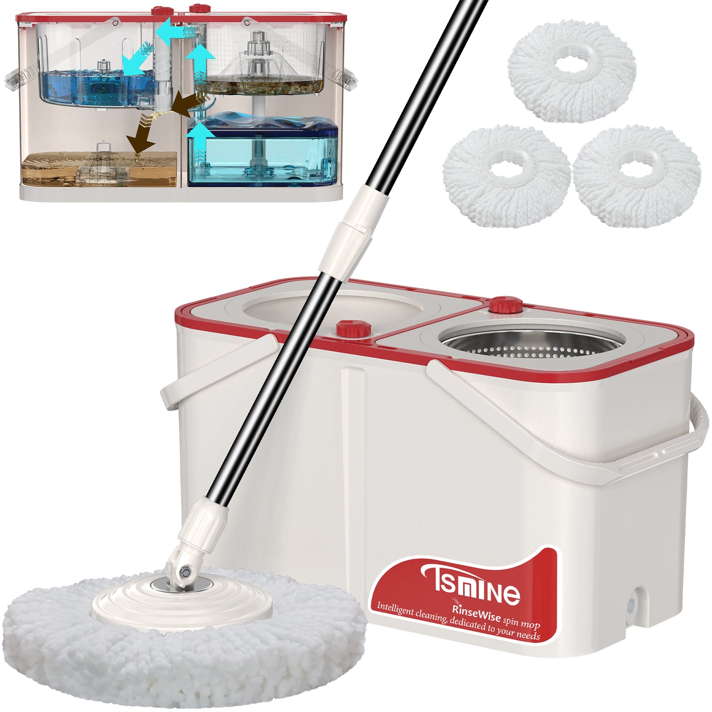 RinseWise Spin Mop Bukcet System | 4-Chamber & Wheels | Separate Clean and Dirty Water | Refills washable