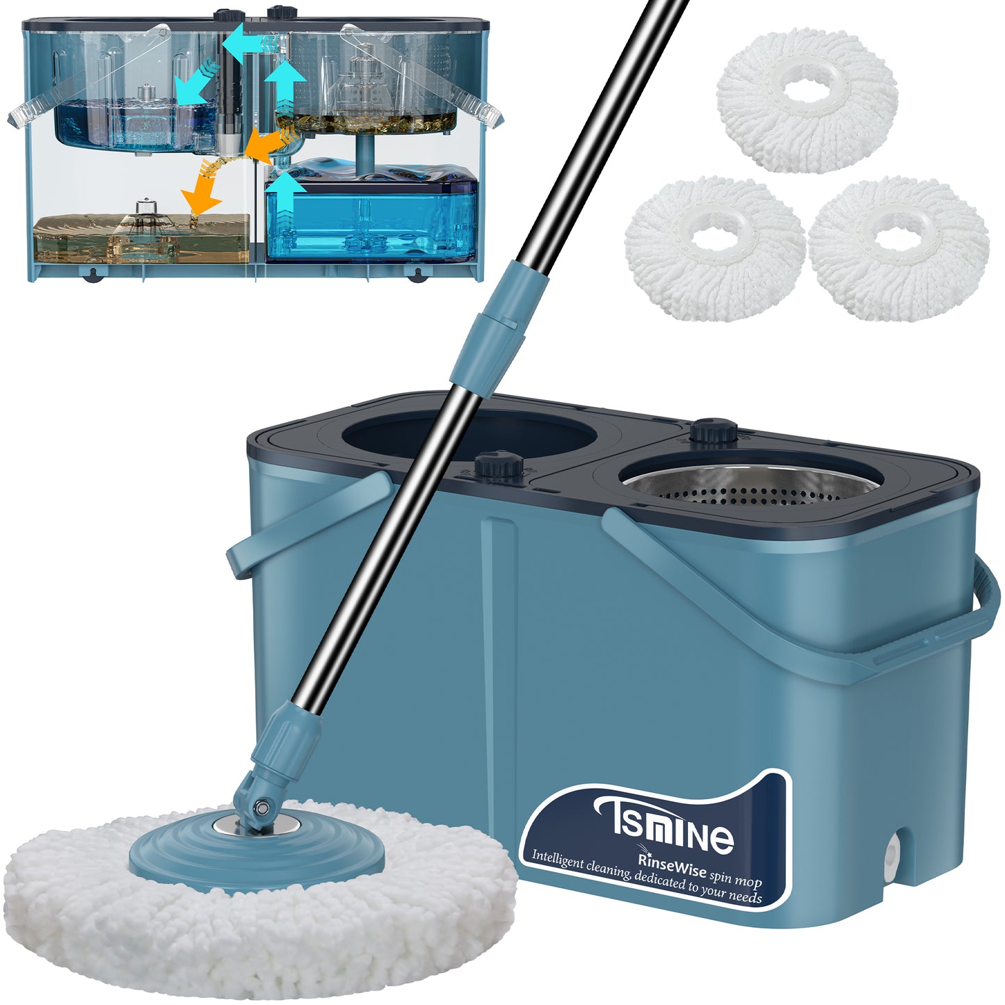 RinseWise Spin Mop Bukcet System | 4-Chamber & Wheels | Separate Clean and Dirty Water | Refills washable