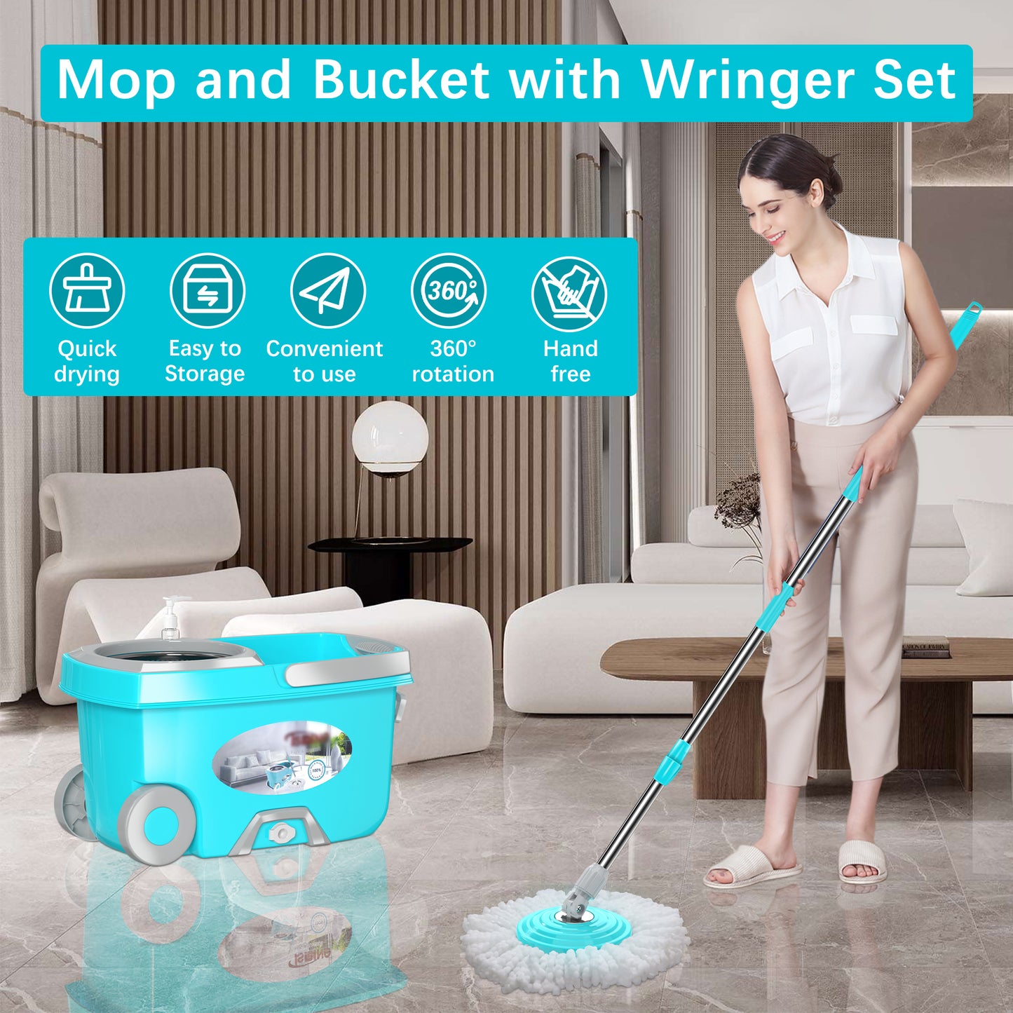 FunClean Spin Mop and Bucket System | 6 Replacement Mop Heads | 61" Extended Handle