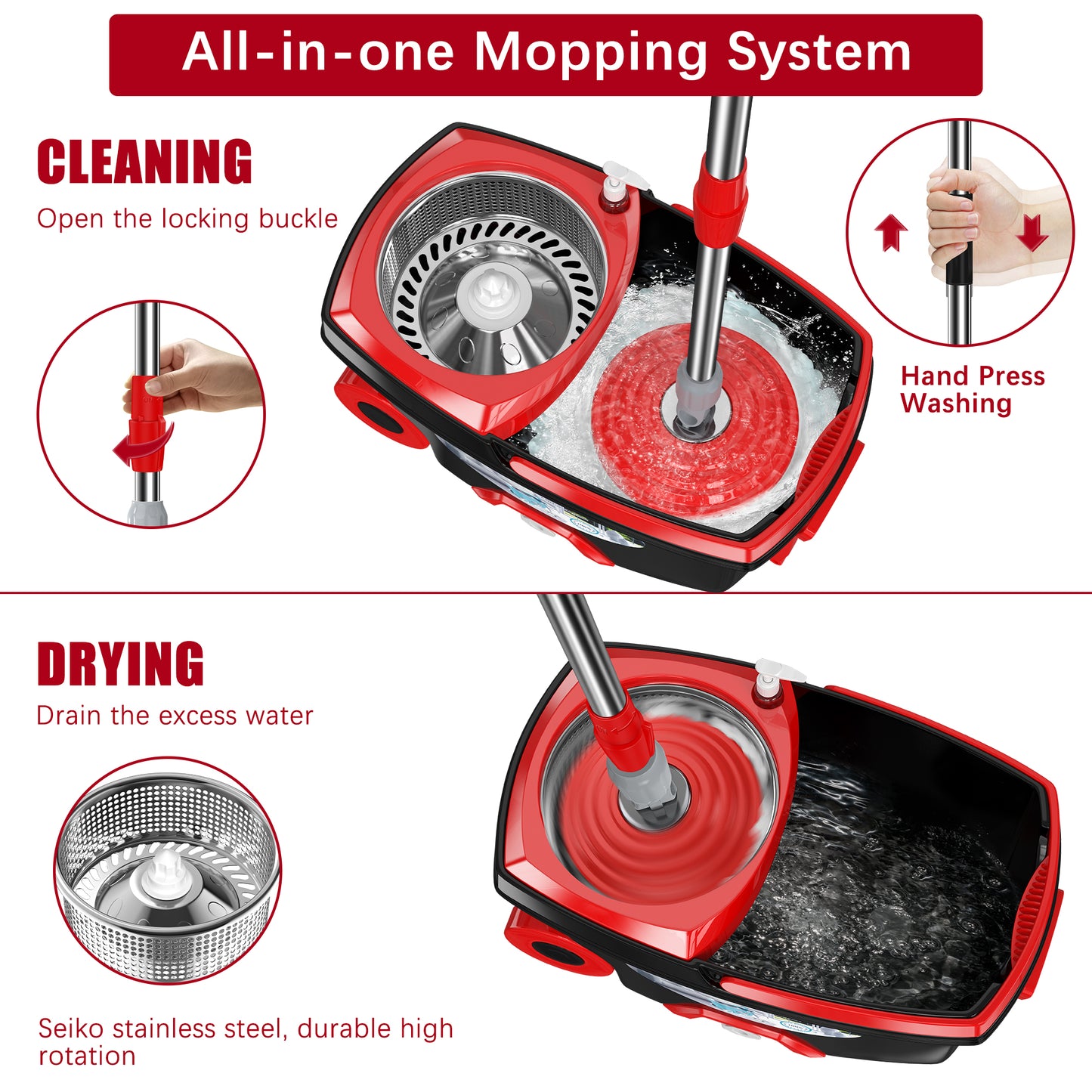 FunClean Spin Mop and Bucket System | 6 Replacement Mop Heads | 61" Extended Handle