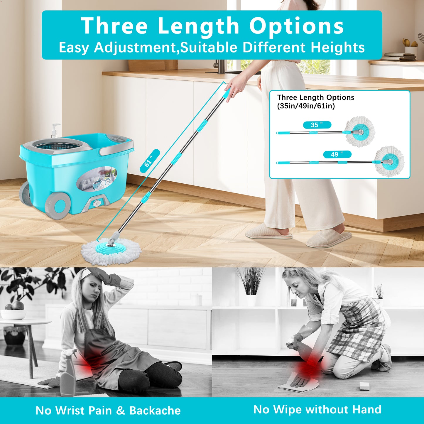 FunClean Spin Mop and Bucket System | 6 Replacement Mop Heads | 61" Extended Handle