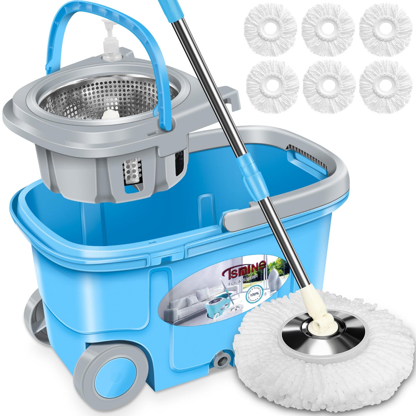 FunClean Spin Mop Bucket System | 61 inch Extended Handle  |  6 Replacement Refills