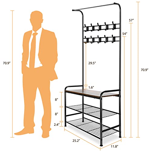 Tsmine Heavy Duty Entryway Bench with 10 Double Hooks & Steel Frame