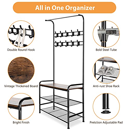 Tsmine Heavy Duty Entryway Bench with 10 Double Hooks & Steel Frame